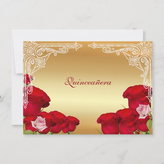 Hermosas rosas rojas, quinceañera, invitación (Anverso)