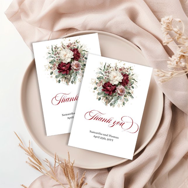 Hermoso Agradecimiento de Boda Floral Rojo Intenso (Beautiful Deep Red Floral Gold Wedding Thank You Card)