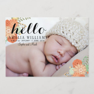 Hermoso anuncio de nacimiento floral moderno Hello