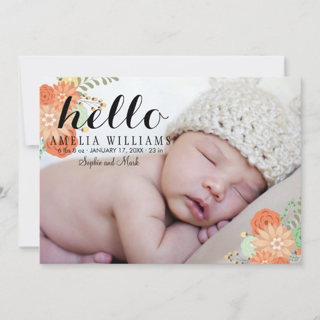 Hermoso anuncio de nacimiento floral moderno Hello (Anverso)