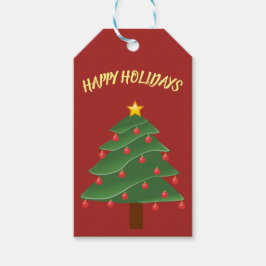 Hermoso árbol de Navidad en etiqueta de regalo roj