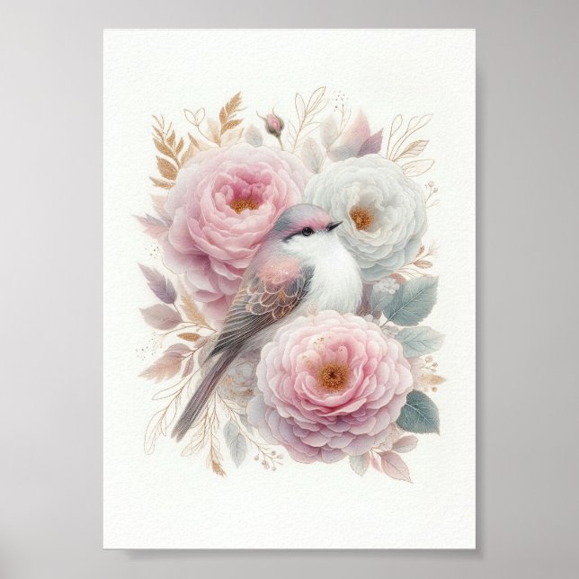 Hermoso Arte de Pájaro y Rosas (Frente)
