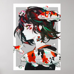 Hermoso arte dibujado - Chica animado con pescado
