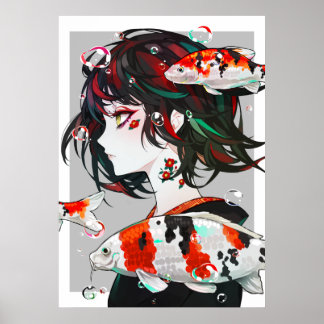 Hermoso arte dibujado - Chica animado con pescado 