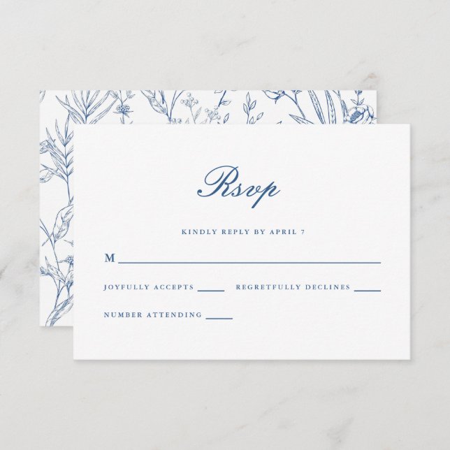 Hermoso Blue Floral Classic Wedding Rsvp (Anverso / Reverso)