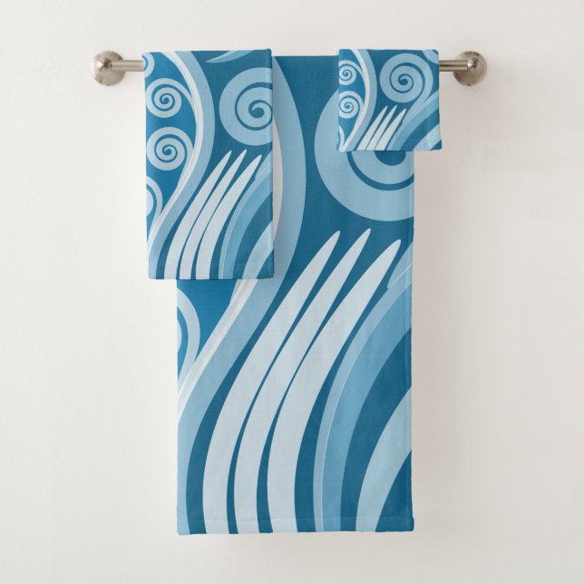 Hermoso Blue Koru Fern Frond Swirls Toalla Set (In situ)