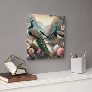 Hermoso bosque lluvioso con reloj de pared de pavo