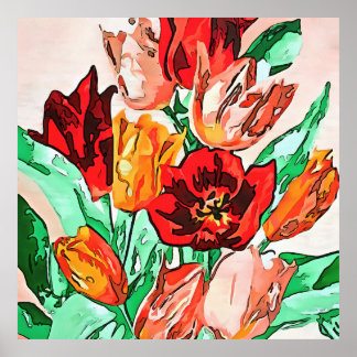 Hermoso Bouquet Floral Tulipanes Arte Contorno Neg