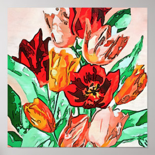 Hermoso Bouquet Floral Tulipanes Arte Contorno Neg