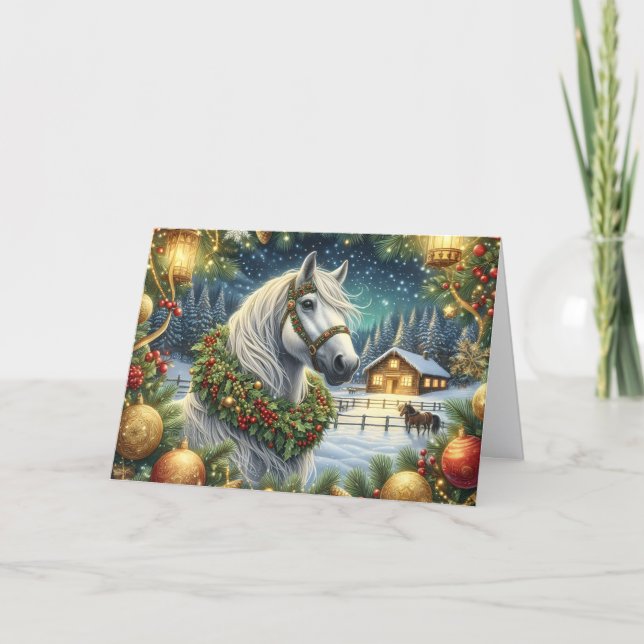 Hermoso Caballo Blanco y Corona de Navidad (Anverso)
