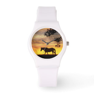 Hermoso caballo en el reloj atardecer