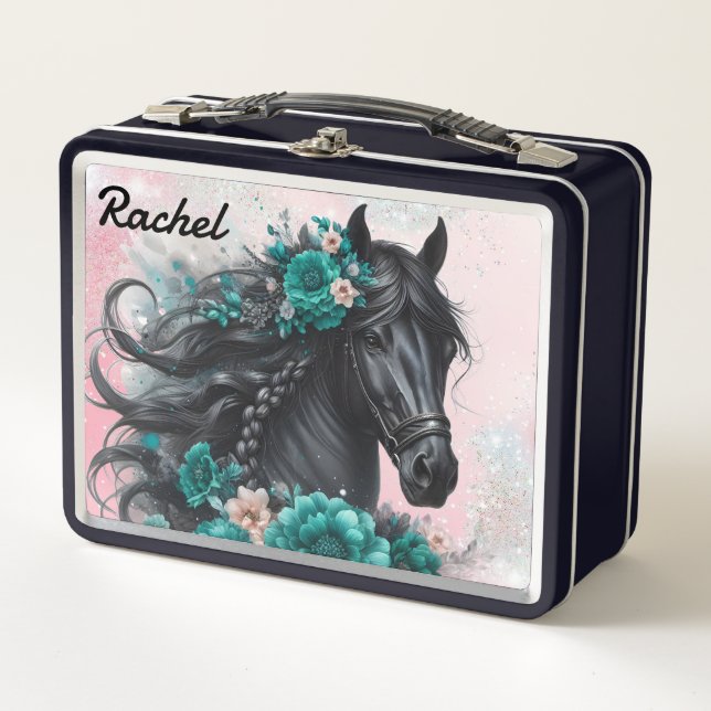 Hermoso Caballo Negro con Flores Turquesa (Anverso)