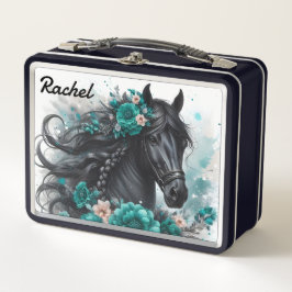 Hermoso Caballo Negro con Flores Turquesas