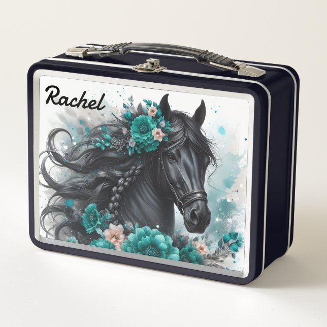 Hermoso Caballo Negro con Flores Turquesas (Anverso)