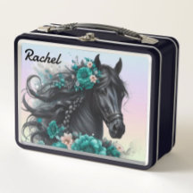 Hermoso Caballo Negro con Flores Turquesas