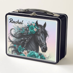 Hermoso Caballo Negro con Flores Turquesas