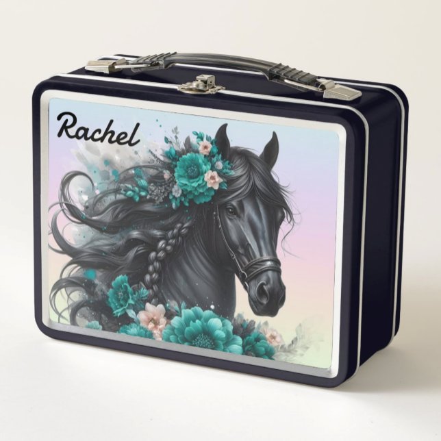 Hermoso caballo negro con flores Verde azuladas (Subido por el creador)