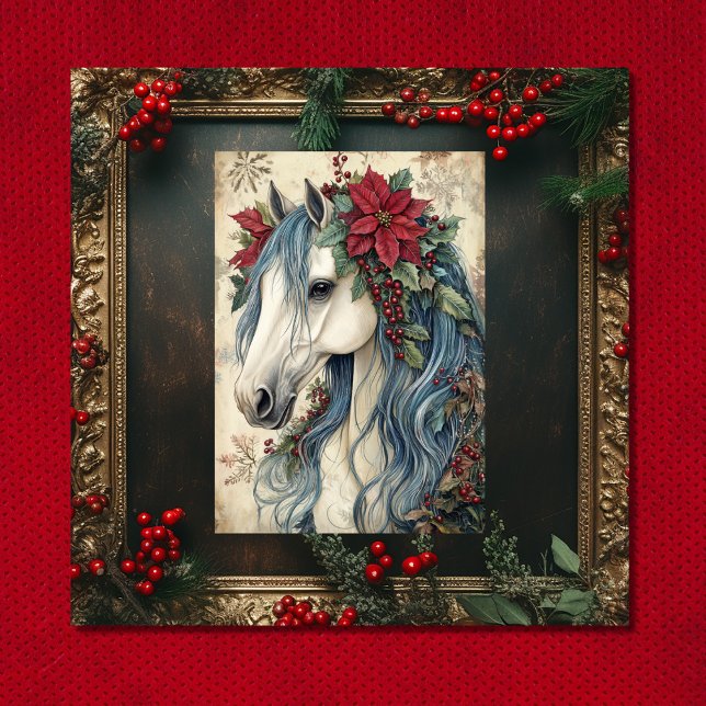 Hermoso Caballo Vintage con Marco de Navidad (Front - Beautiful Vintage Horse with Frame Christmas Holiday Card)