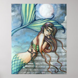 Hermoso cartel de impresión de acuarela de sirena