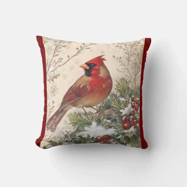 Hermoso cojín decorativo de cardenal de invierno (Anverso)