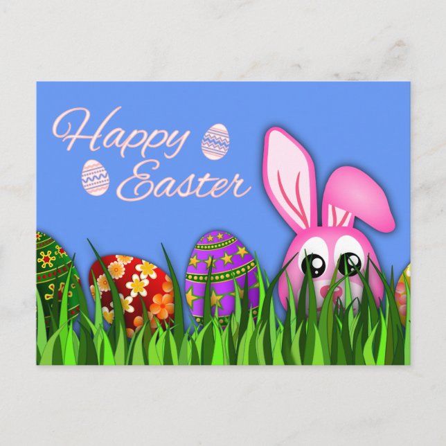 Hermoso conejo de Pascua y huevos en postales de h (Anverso)