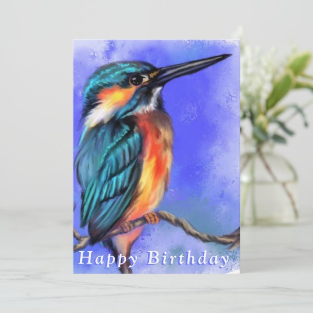 Hermoso dibujo de aves de Kingfisher - Feliz cumpl (Anverso de pie)