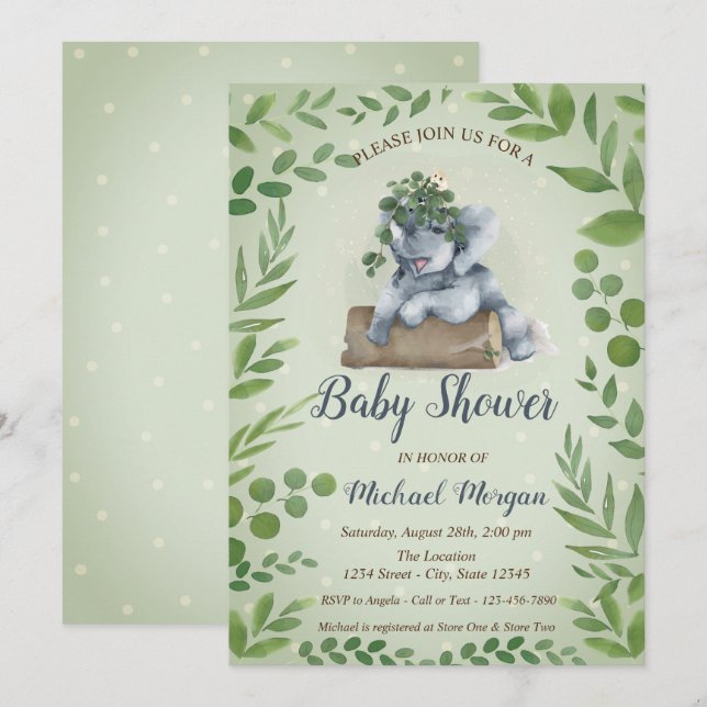 Hermoso Elefante Deja, Puntos Invitación Para Baby (Anverso / Reverso)