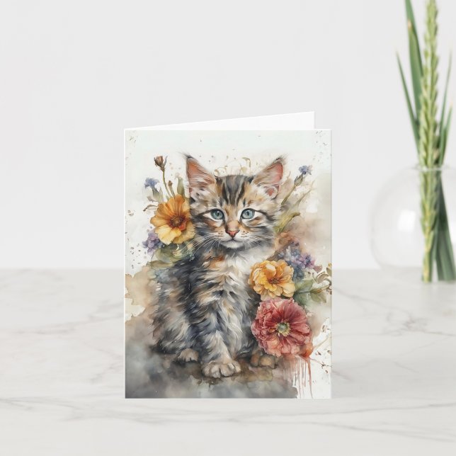 Hermoso gato atigrado gris con flores tarjeta de f (Anverso)