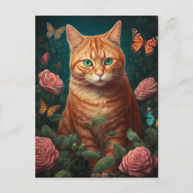 Hermoso Gato De Ginger Con Postales De Rosas Rosa (Anverso)