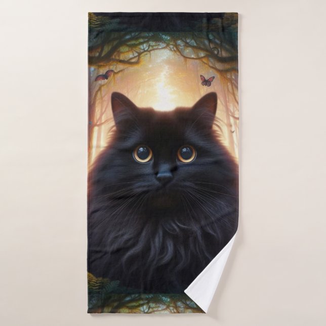 Hermoso Gato Negro Fluffy con Ojos de Oro (Toalla de baño)