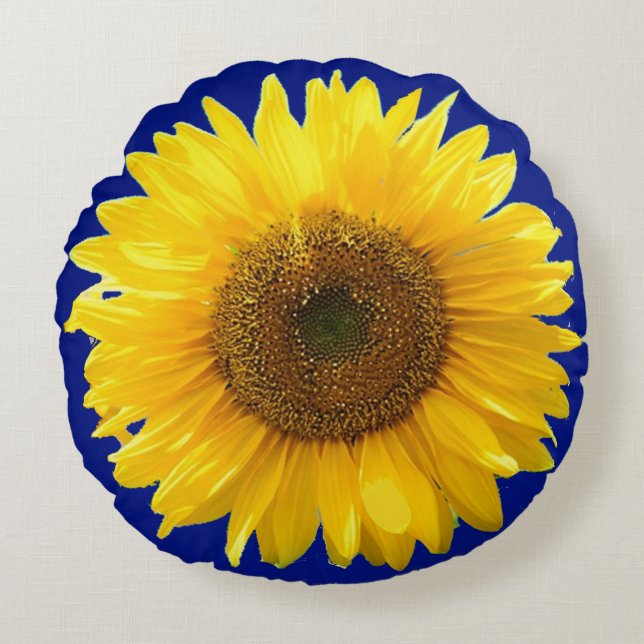 Hermoso girasol en cojín redondo de azul real (Anverso)
