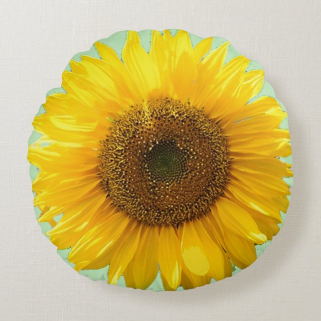 Hermoso girasol en cojín redondo verde claro (Anverso)
