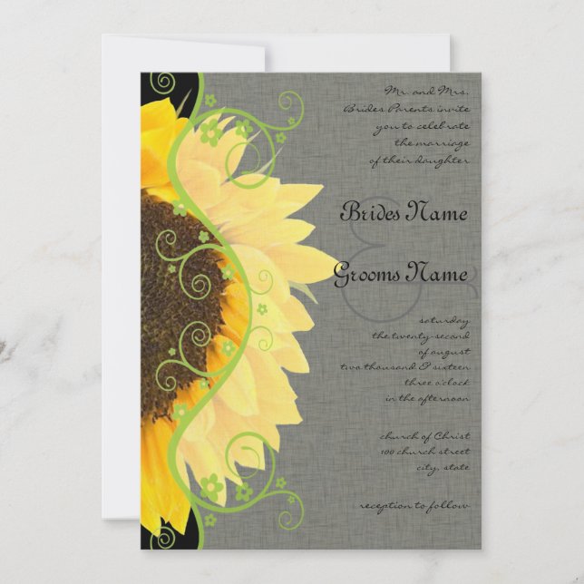 Hermoso girasol en invitación a la boda negra (Anverso)