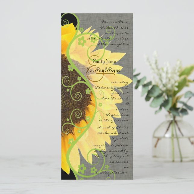 Hermoso Girasol en Invitación de Boda Negra (Anverso de pie)
