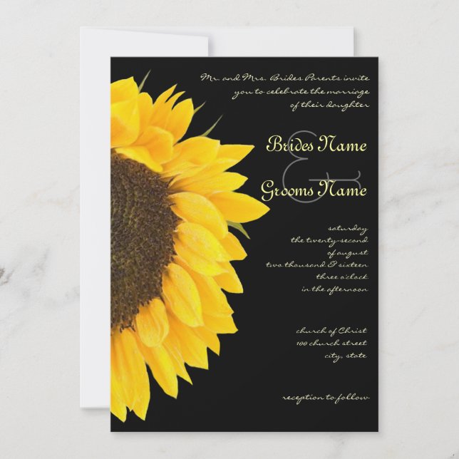 Hermoso Girasol en Invitación de Boda Negra (Anverso)