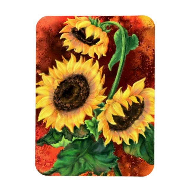 Hermoso imán de tres girasoles - pintura (Vertical)