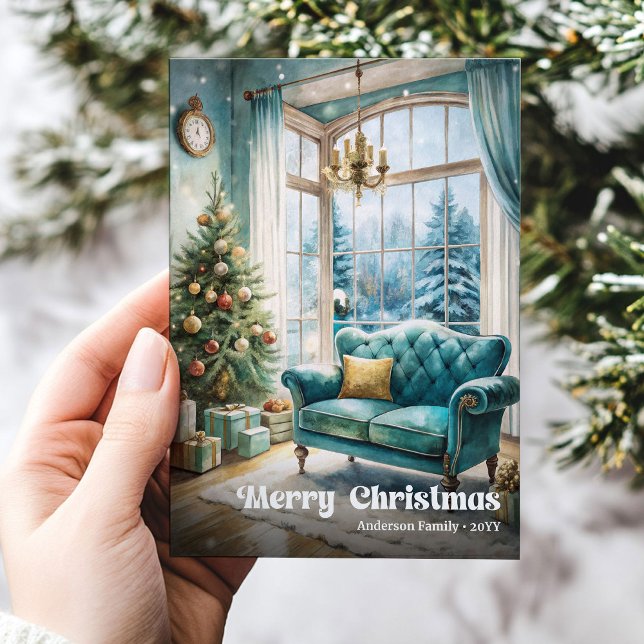 Hermoso interior clásico de Navidad con ambiente f (Lovely classic Christmas interior with festive Holiday Card)