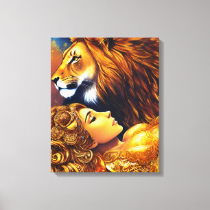 Hermoso León de Oro y lienzo envuelto de mujer