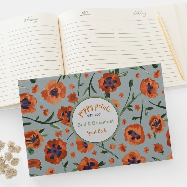 Hermoso libro de invitados de dibujos animados con (Exquisite Hand-Painted Orange Oriental Poppies Guest Book from Studio Posies.
)