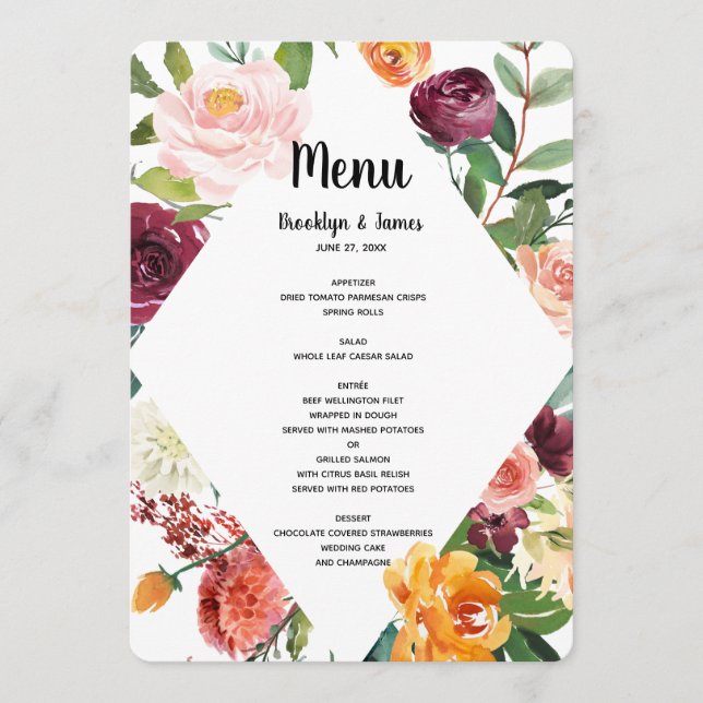 Hermoso menú Boda de flores de otoño (Anverso)