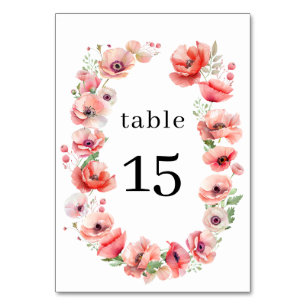 Hermoso número de mesa de flor de amapola rosa y r