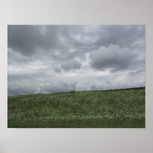 Hermoso paisaje, nubes y praderas Póster