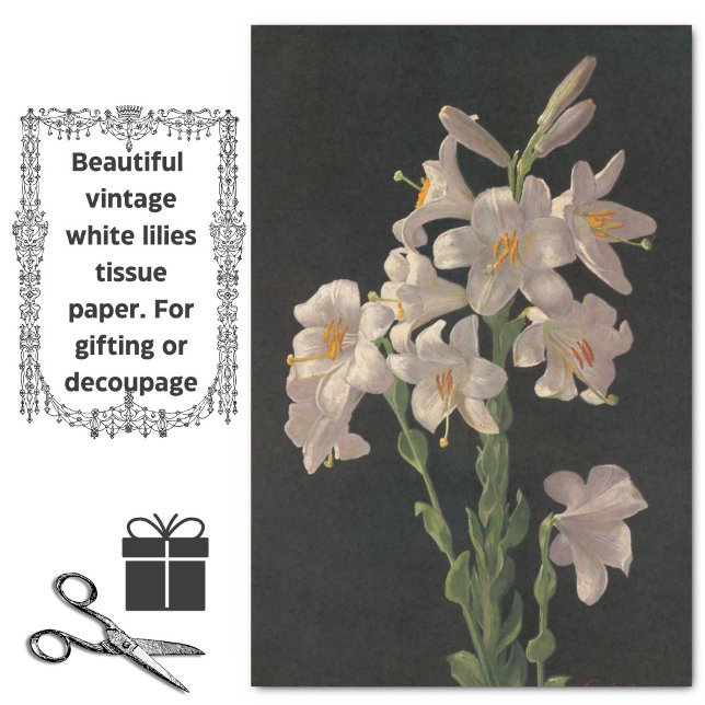 Hermoso Papel Tejido Vintage White Easter Lilies (Beautiful vintage lily flowers tissue paper, for gifts or crafting projects.)