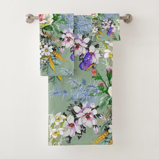 Hermoso patrón floral Rosas Flores silvestres verd (In situ)