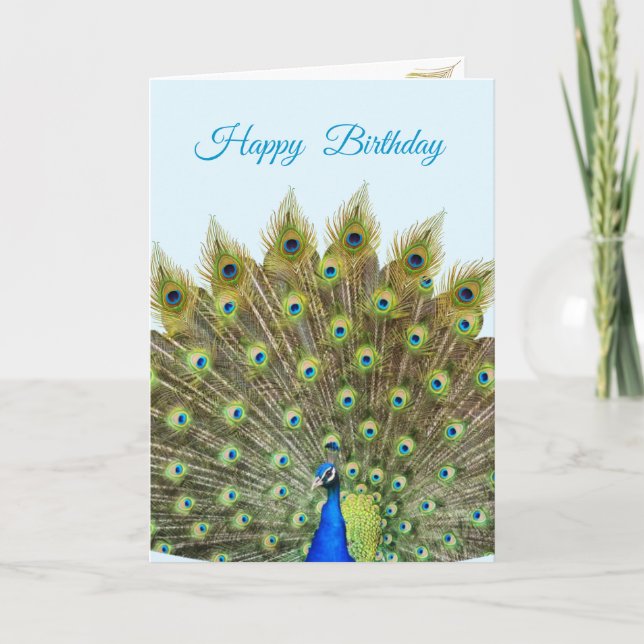 Hermoso pavo real en tarjeta de cumpleaños azul cl (Anverso)