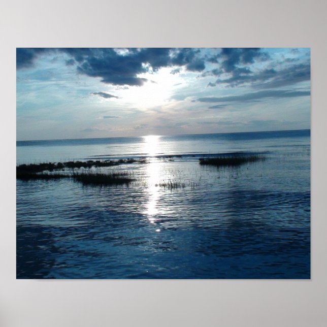 Hermoso Póster de Puestas de Sol Azules en la Play (Frente)