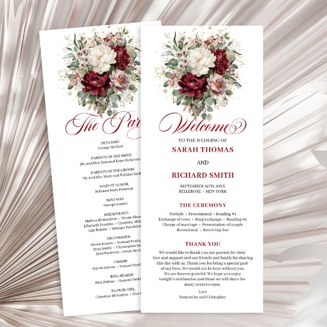 Hermoso Programa de Boda Burgundy Blush Largo (Beautiful Blush Burgundy Wedding Program Card)