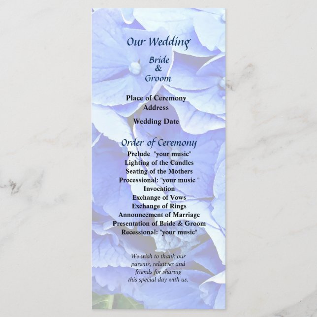 Hermoso programa de boda con Hortensia azul (Anverso)