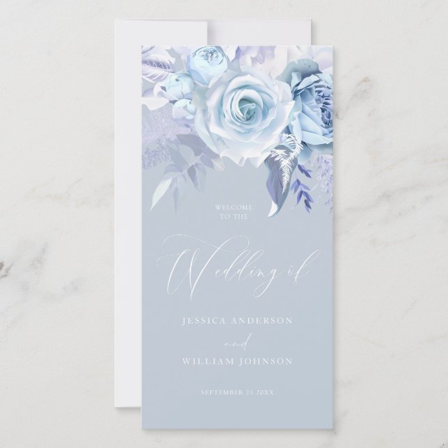 Hermoso programa de bodas con flores azules (Anverso)