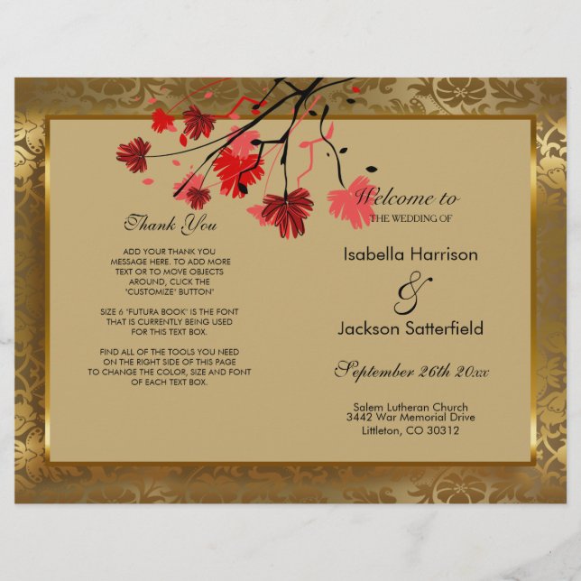 Hermoso programa Vintage Gold Damask Wedding (Anverso)